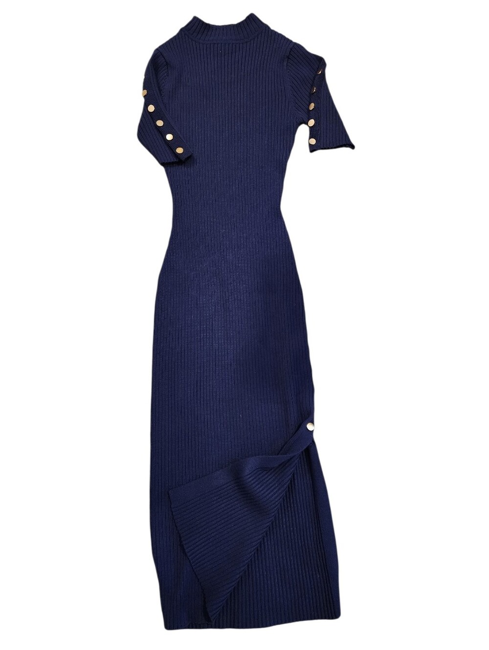Say What? Navy Ribbed Maxi Dress with Gold Buttons